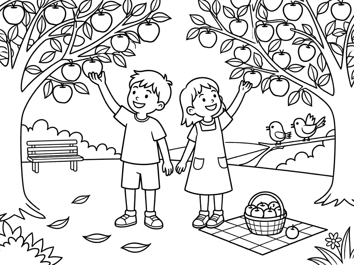 A preteen boy picking apples with a visiting pen pal at the local park as birds chirp in a nearby tree.