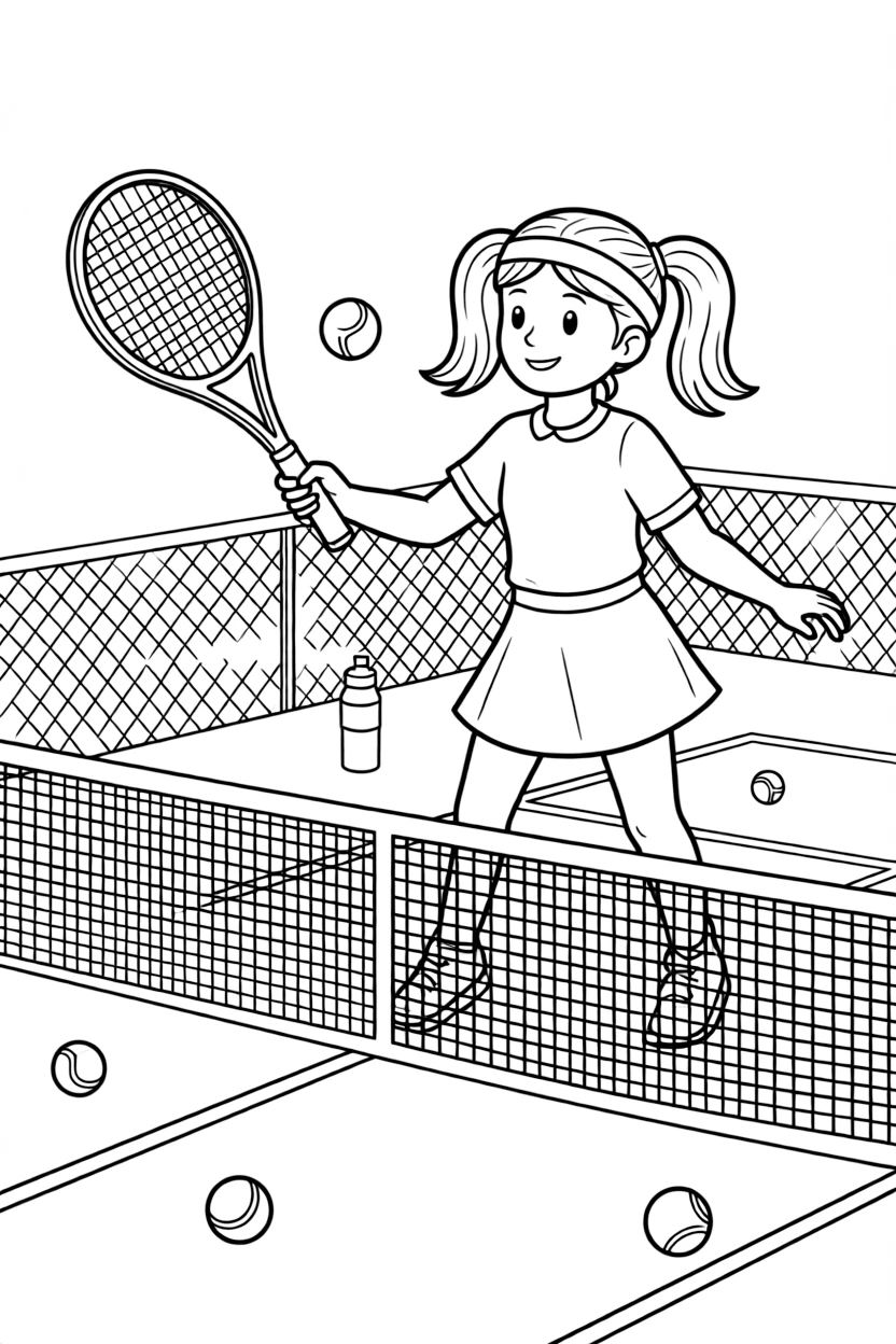 A determined girl with pigtails, returning a fast volley at the net with a quick backhand swing.