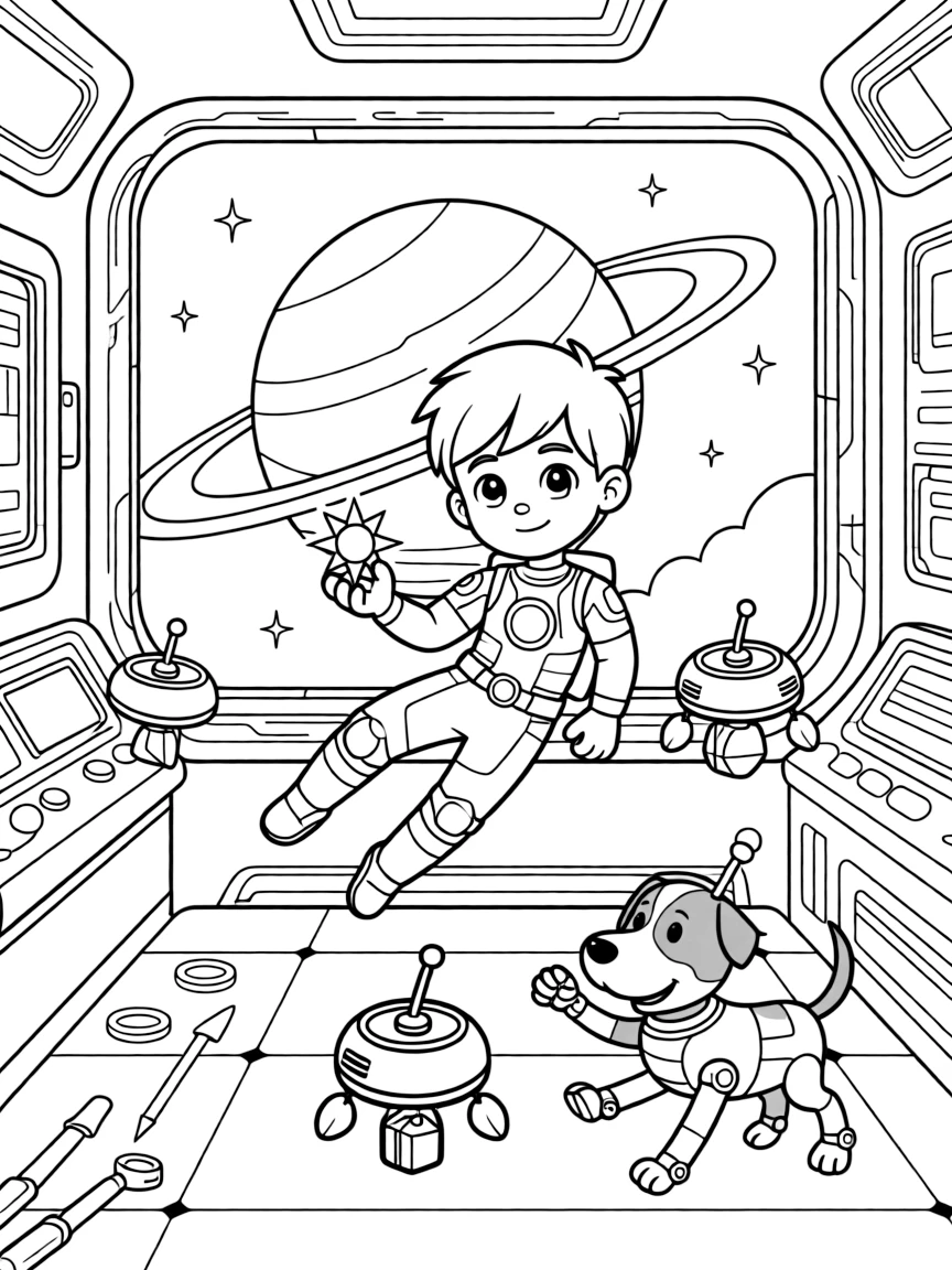 Commander Quasar, a daring gravity-bending superhero kid harvesting solar energy crystals with a floating drone crew, in a sprawling space station orbiting a ringed planet, with a robot dog wagging its antenna tail and tiny drones buzzing around delivering packages nearby.