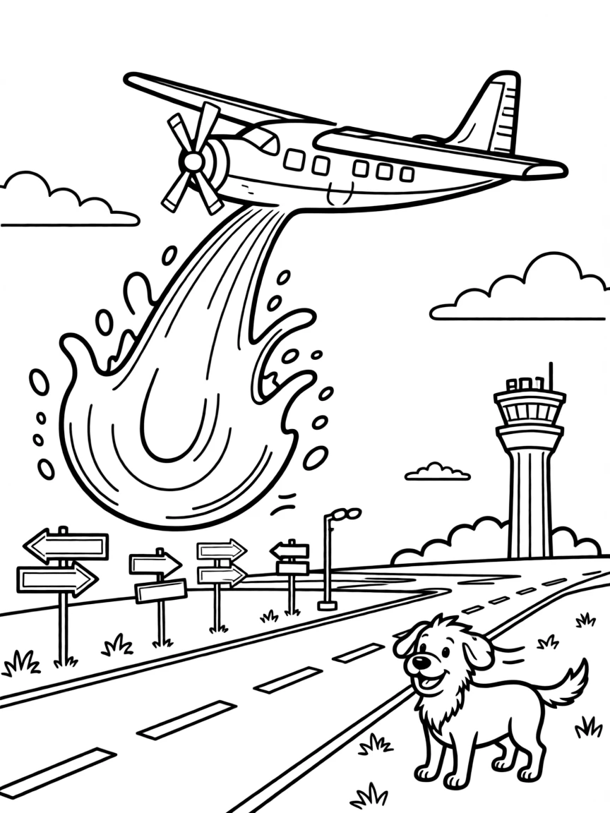 A wildfire fighting plane dropping a splash of water takes center stage in a busy airport runway with a control tower in the distance, where a friendly dog with its ears flapping in the wind can be seen nearby, surrounded by road signs pointing toward fun destinations.