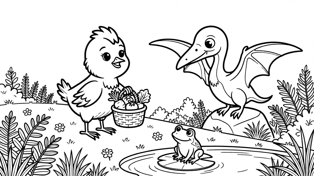 A chick carrying a basket of vegetables with a pterodactyl on a mountaintop meadow, near a fern-covered forest floor, while a curious frog watches from a lily pad.