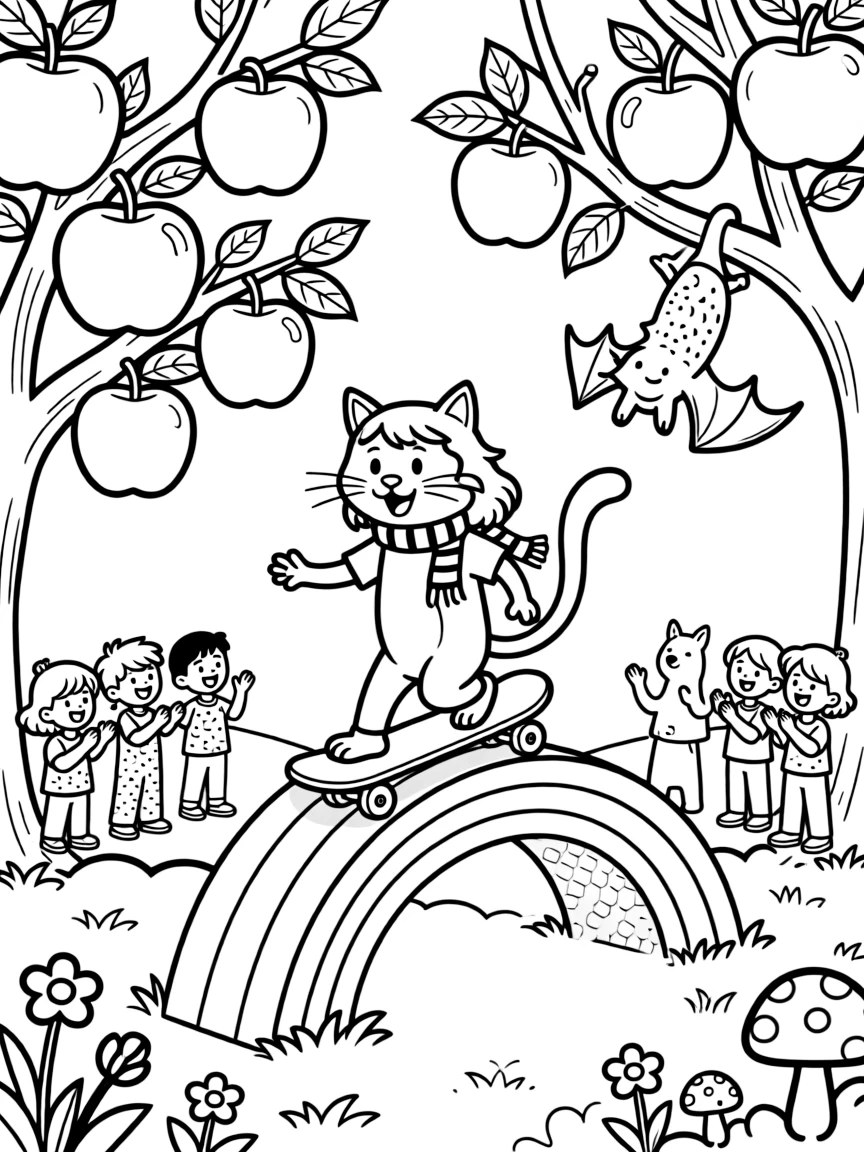 A goofy witch's cat takes a break from adventures to try learning to skateboard down a rainbow ramp in an orchard heavy with giant candy apples, with a friendly bat hanging upside down nearby close behind. Everyone claps and cheers at the happy sight.