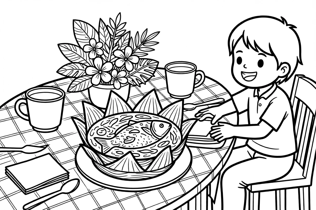 A coloring page of a cozy mealtime scene from Cambodia featuring a bowl of fish amok curry served in a banana leaf cup, arranged on a table with napkins, cups, and a cheerful centerpiece.