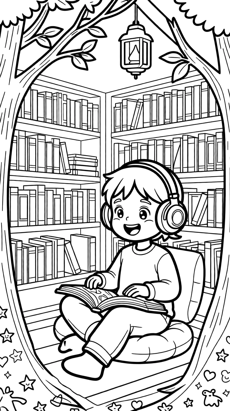 an excited small child sits in a treehouse library and listens to an audiobook through big headphones while doodling in the margins.
