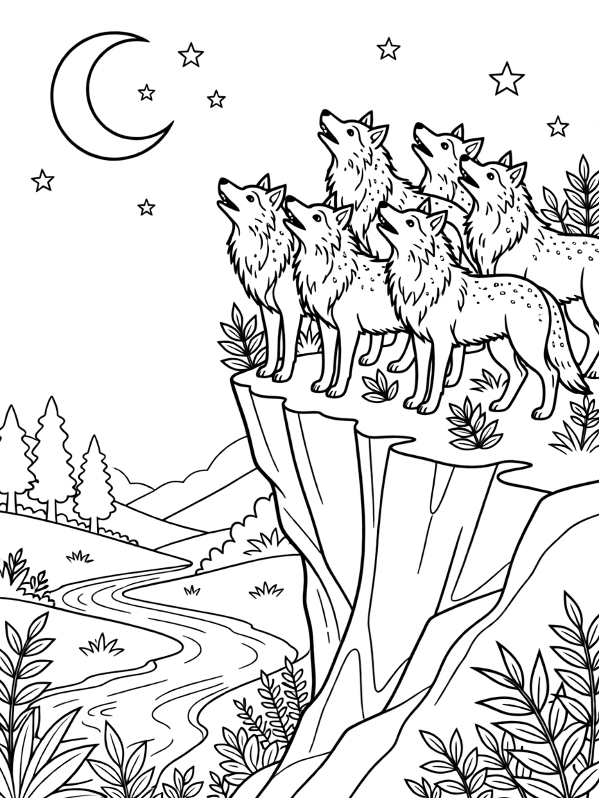 A pack of moon wolves howl atop a cliff overlooking a valley bathed in silver light, their fur dusted with glittering frost.