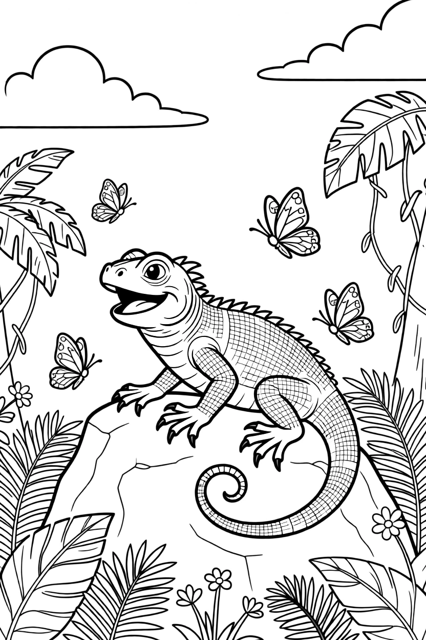 [Reptiles] a bright green iguana sunning itself on a warm rock in a tropical rainforest, grinning with excitement. Nearby, butterflies flutter through the warm air. A long tail curls behind its body. The scene is captured at sunset, with fluffy clouds drifting overhead, giving the page a lively and adventurous feel that invites plenty of colorful detail.