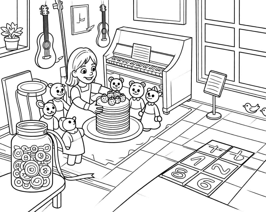 A girl puppeteer working her hand-sewn puppets is stacking pancakes topped with fresh berries inside a music room lined with instruments. Nearby, a jar of colorful buttons and ribbons and a hopscotch grid chalked onto the pavement bring the scene to life.