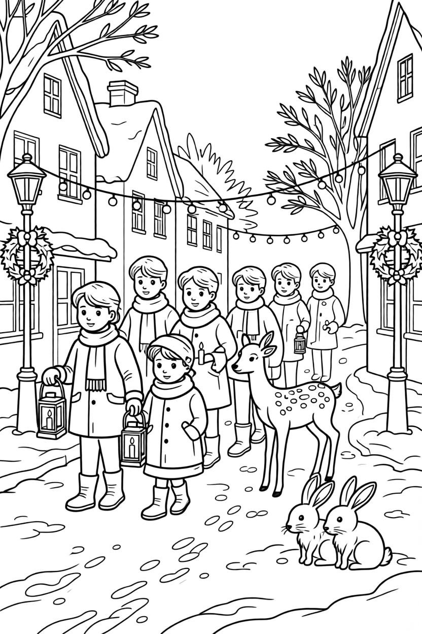 A candlelit procession walking through a decorated street on a snow-covered village square, alongside a spotted fawn and a lantern glowing softly in the snow, with a family of snow-covered rabbits close by.