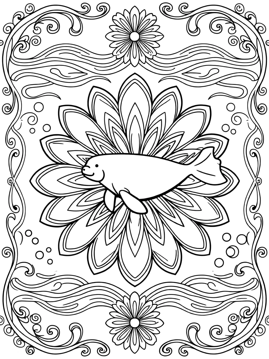 Ocean Creatures: The page presents a small themed scene built around a manatee floating peacefully with flippers spread, tied together by a blooming flower-shaped mandala with layered petal rings. The scene is positioned in the middle of a balanced layout, with smaller matching details arranged above and below. Decorative details fill the surrounding space, including layered flower rosettes, swirling vine tendrils, and rows of curling wave shapes woven throughout the background. A playful extra touch completes the page: a cluster of small bubbles rising near one side of the page.