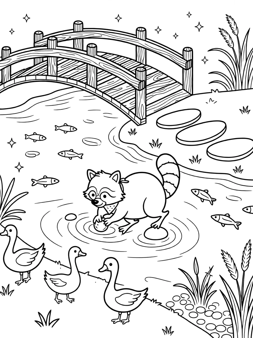 [River Adventures] A curious raccoon washes a shiny berry at the river's edge before scampering back to shore. A family of geese waddles along the shore while minnows dart through the shallow water. A rustic wooden bridge arches over the river, with smooth stepping stones leading across a shallow bend. Sunlight sparkles across the rippling water as a light breeze stirs the reeds along the bank.