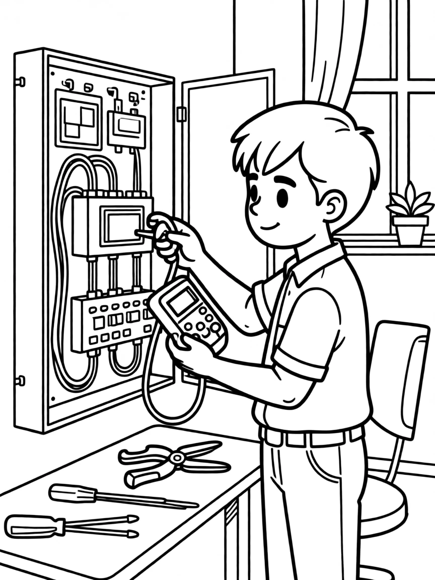 An electrical engineer tests wires with a meter inside an open circuit panel.