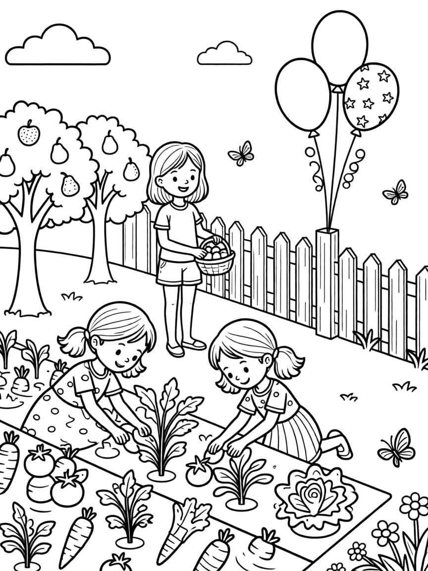Twin sisters tending a vegetable garden with a stepsister in an orchard with balloons tied to a fence post.