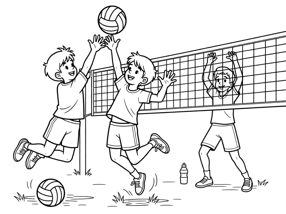 A pair of best friends, leaping to smash an overhead shot past an opponent on the other side of the net.