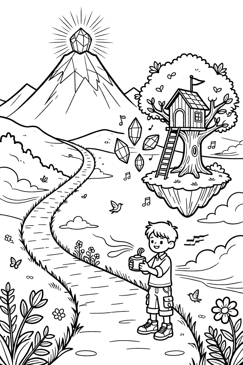 In a mountain trail winding up to a glowing crystal peak, inventor kid Ozzy testing a mini weather machine constructing a treehouse on top of a floating island, while a cluster of floating crystals humming softly adds to the excitement.