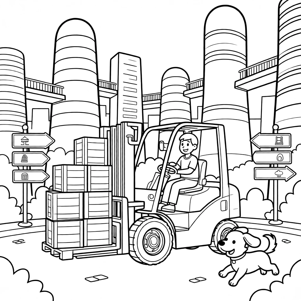 A forklift stacking wooden crates in a warehouse is shown journeying through a gleaming futuristic city skyline with towers and skywalks, with a friendly dog with its ears flapping in the wind close by and road signs pointing toward fun destinations completing the lively scene.