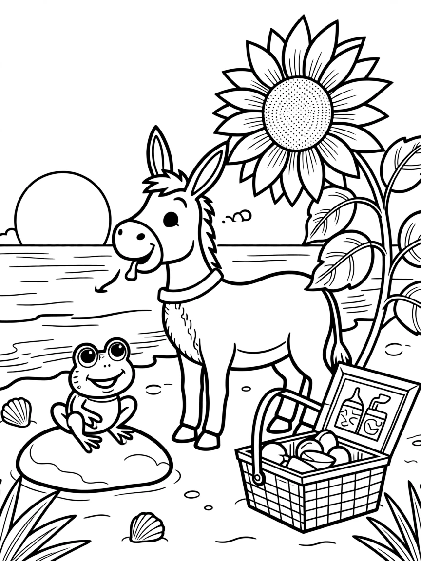 A donkey on a tropical beach at sunset, singing a cheerful tune with a frog, next to a giant sunflower, with a picnic basket full of treats nearby.