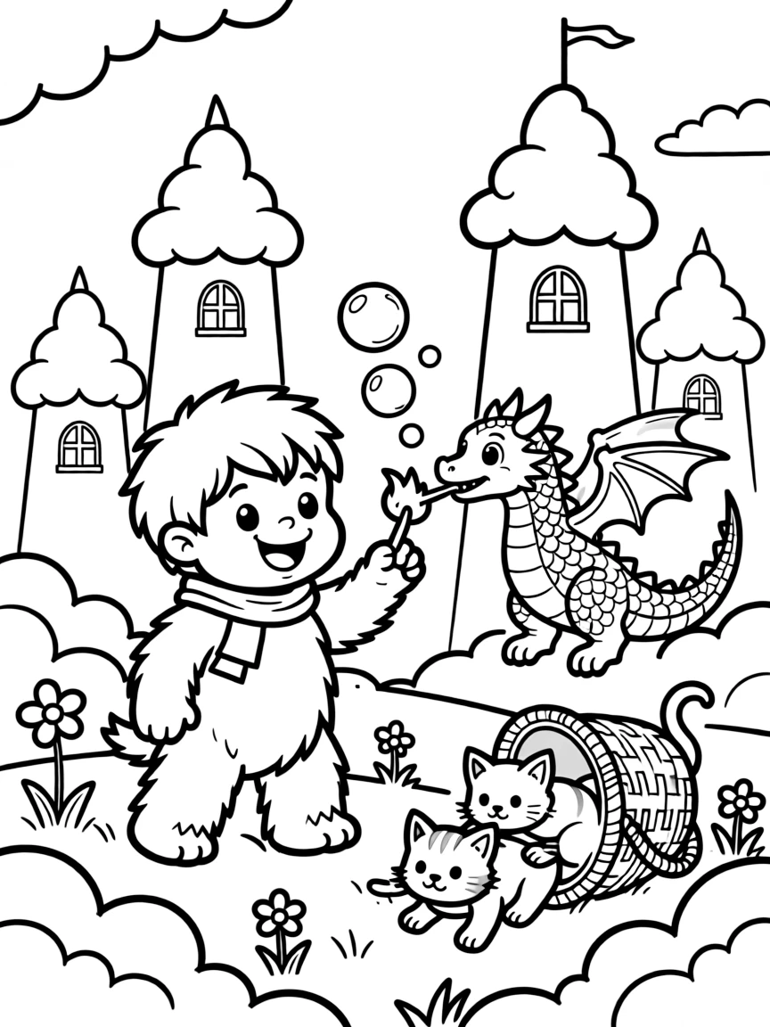 Wiggly and full of excitement, a baby yeti spends the day teaching a baby dragon to blow bubbles instead of fire in a cloud kingdom with fluffy white towers. Nearby, a basket of kittens tumbling over each other adds to the fun. It feels like the best day ever for everyone involved.