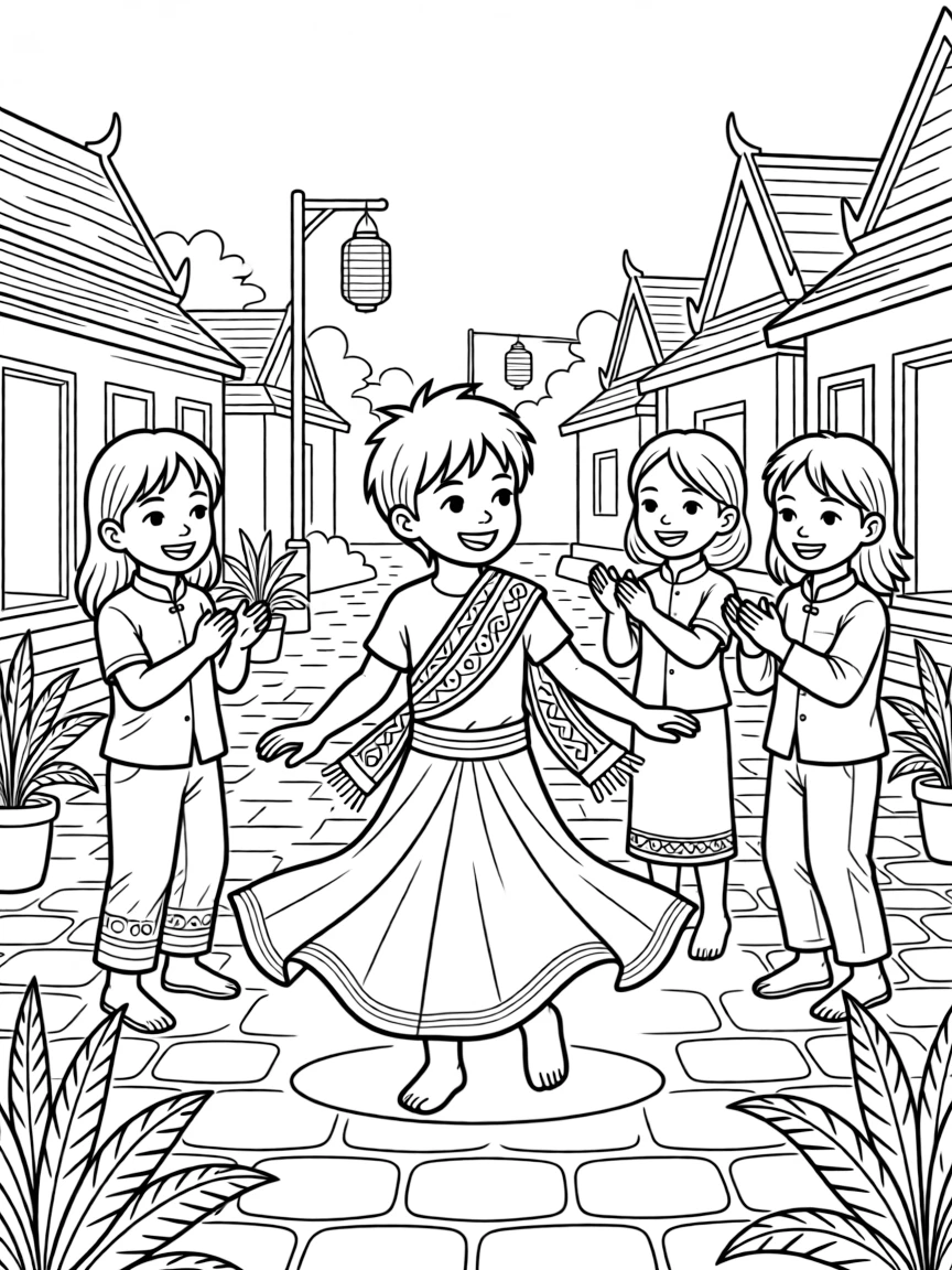 A coloring page from Cambodia showing a child wearing a silky sampot skirt with a woven scarf, twirling happily in a village square while friends look on and clap.