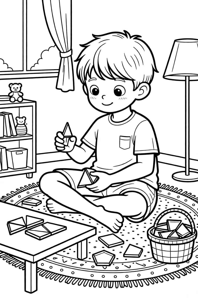 a wide-eyed young boy arranges pattern blocks into triangles, squares, and hexagons on a rug.