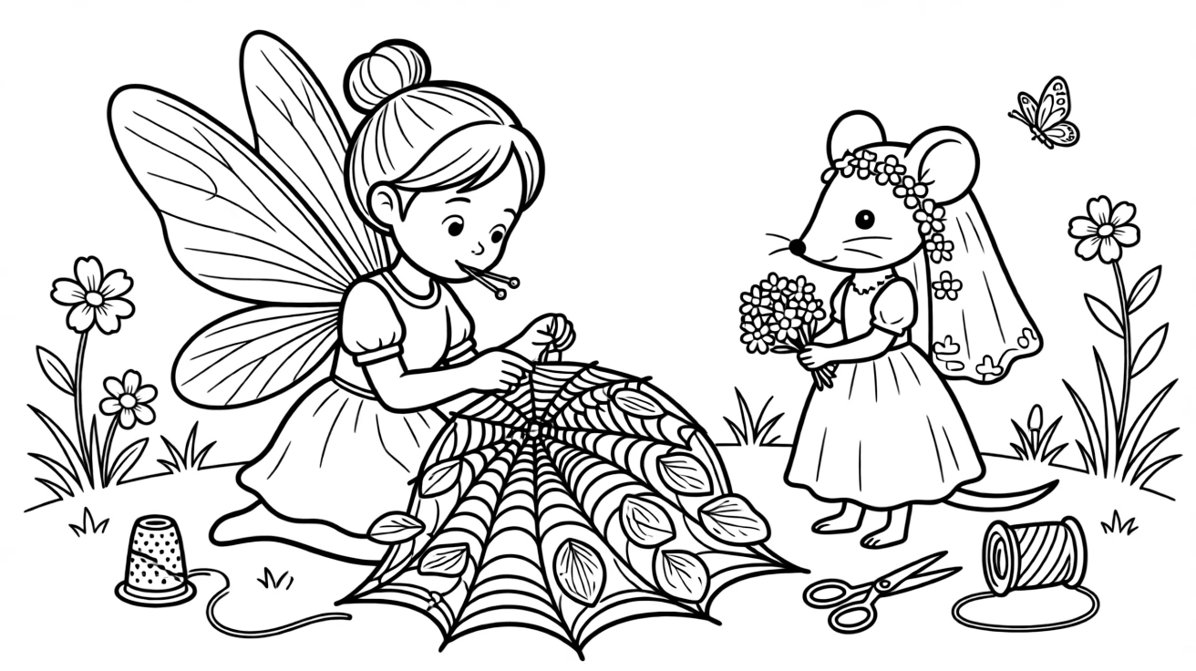 A fairy tailor stitches a gown from spider silk and flower petals for a mouse bride, pins held delicately between her lips.
