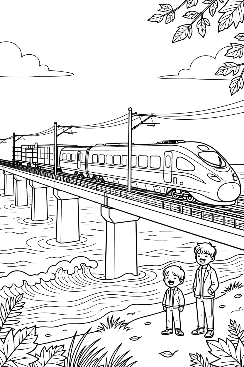 [Trains] A dynamic scene shows a modern high-speed train crossing a tall trestle bridge along a coastline with waves crashing below, laughing joyfully. Close by, cargo cars are stacked with crates and barrels. Telephone poles line the tracks in the distance. The moment unfolds on a crisp autumn afternoon, with a light breeze blowing, filled with energetic detail perfect for a young colorist.
