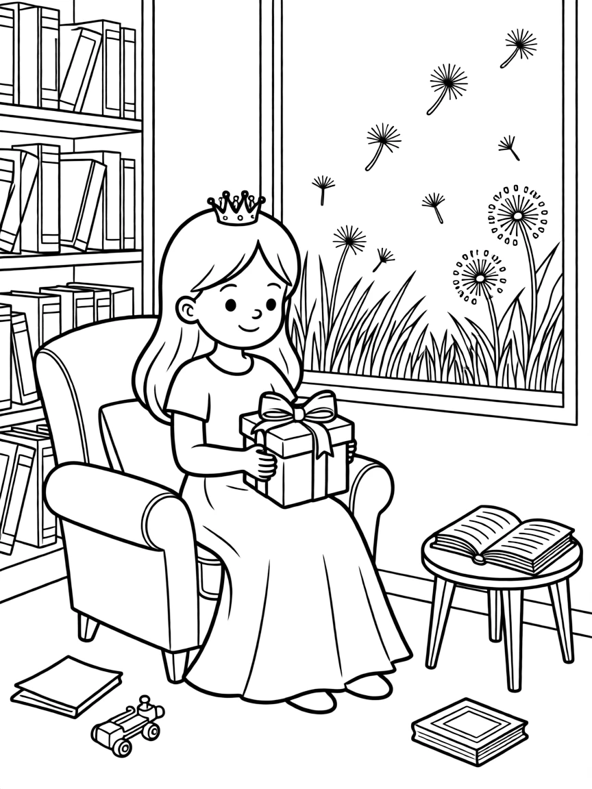 A young queen with a small sparkling crown is wrapping a present with ribbon and a big bow in a quiet library reading nook. In the background, a gentle breeze rippling through tall grass and floating dandelion seeds catching the light add a playful, cheerful touch.