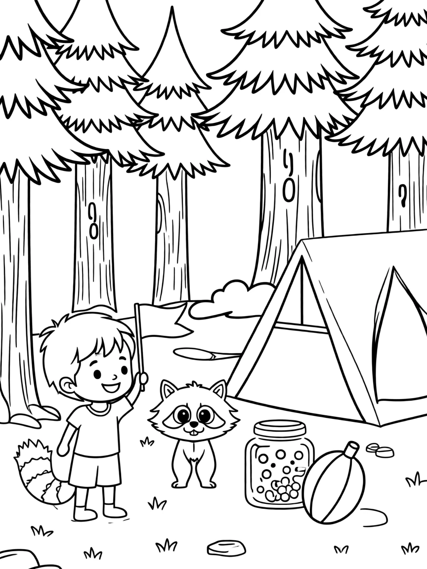 A round raccoon admiring a child proudly holding a small flag in a campsite nestled among tall pine trees, near a jar full of fireflies and a striped beach ball.