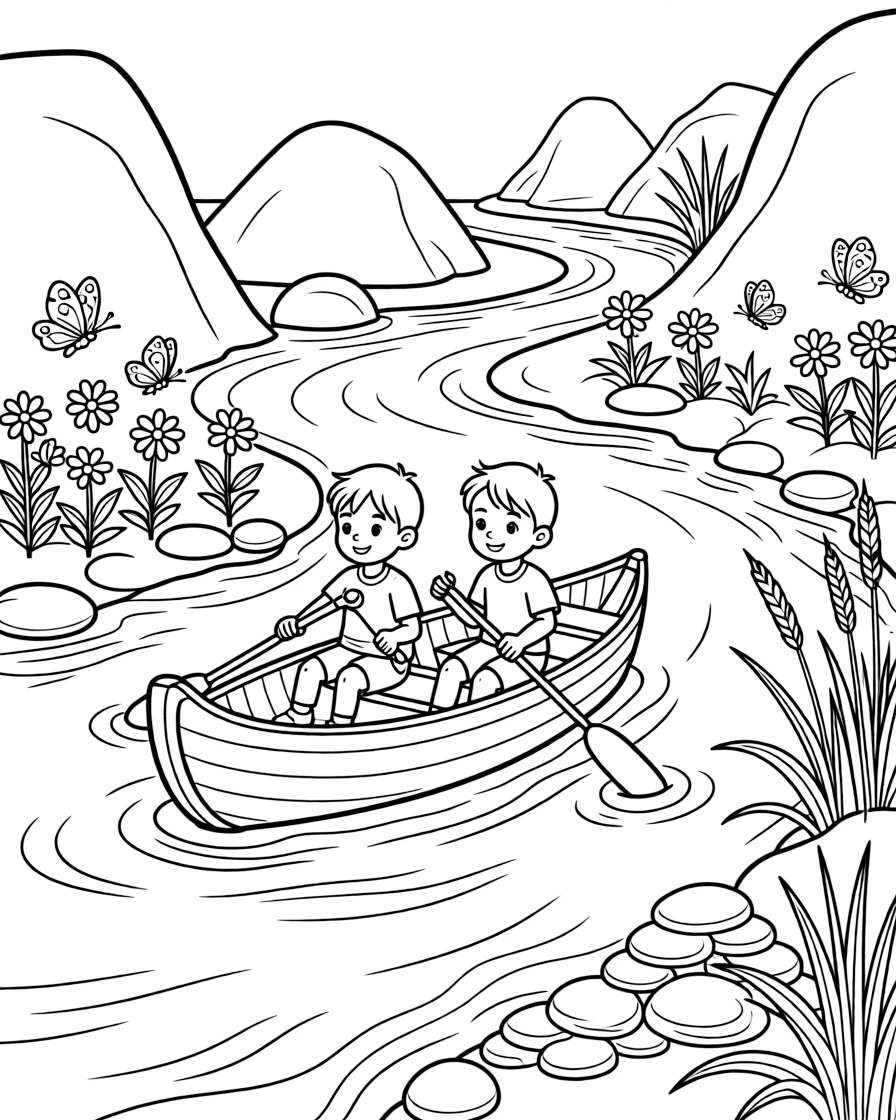 [River Adventures] Two children paddle a small wooden canoe past smooth boulders in a winding river. Butterflies flutter along the bank where wildflowers grow between smooth river stones. Reeds and cattails line the bank near a cluster of smooth stones perfect for skipping. Warm summer light dances on the ripples as the current gently winds around smooth stones.