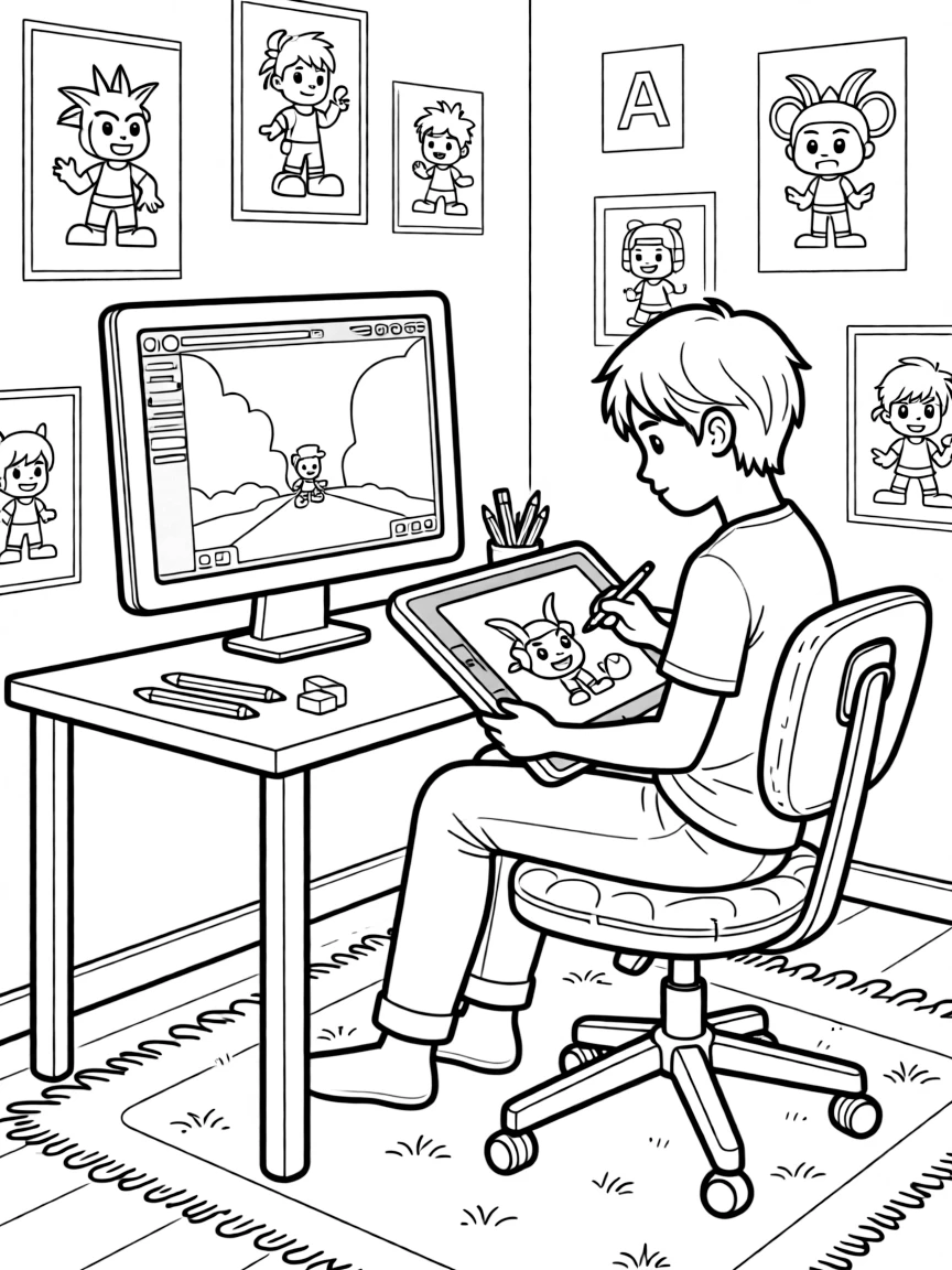 A video game designer sketches a character on a drawing tablet beside a big monitor.