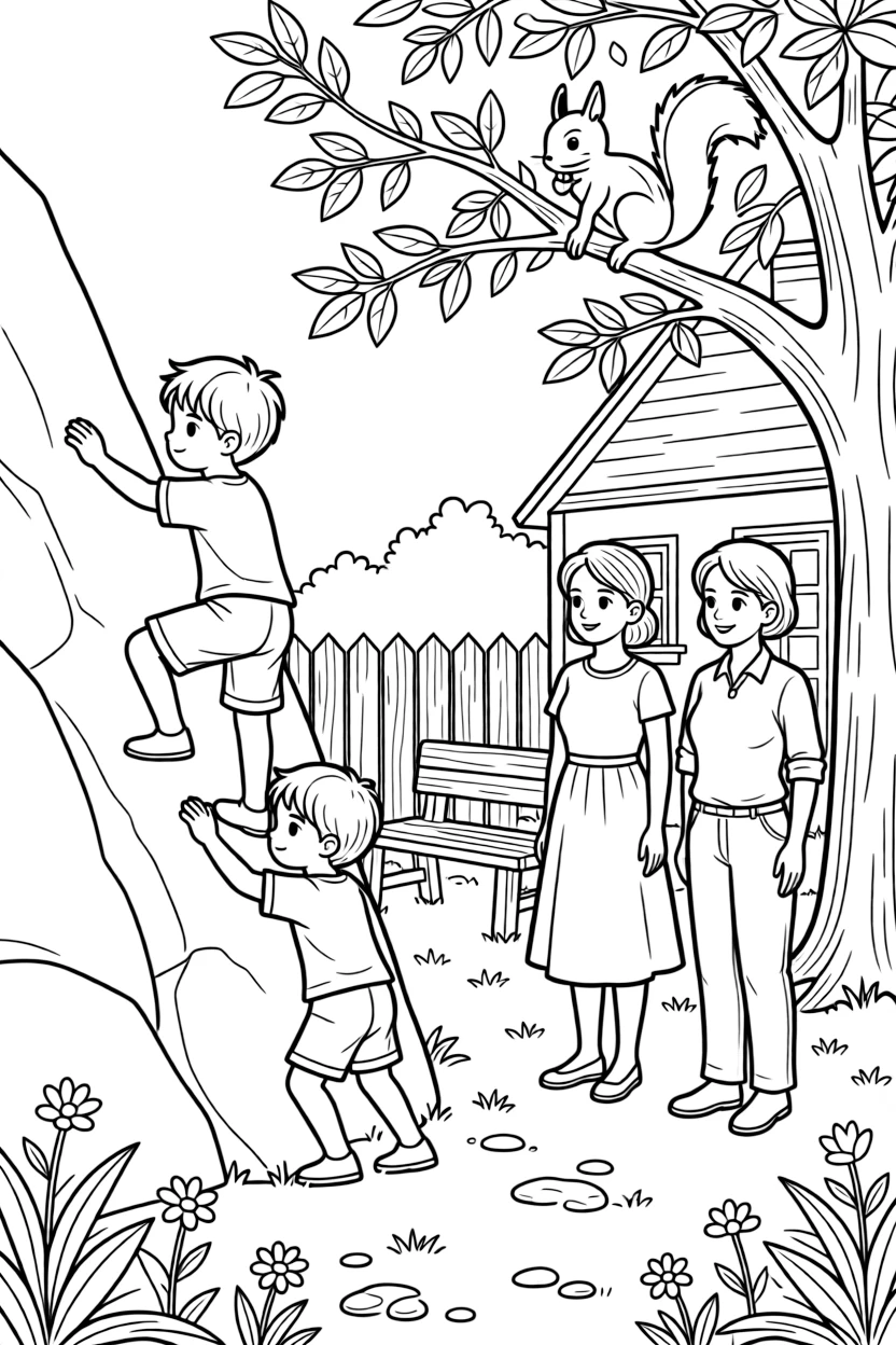Twin brothers climbing a small rock wall with two moms at grandparents' farmhouse while a squirrel peeks from a branch.