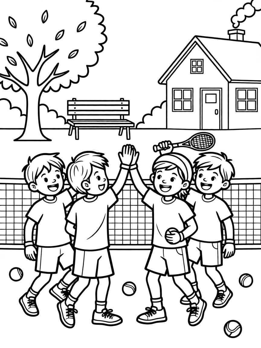 A team of neighborhood kids, high-fiving a doubles partner after winning a long back-and-forth rally.