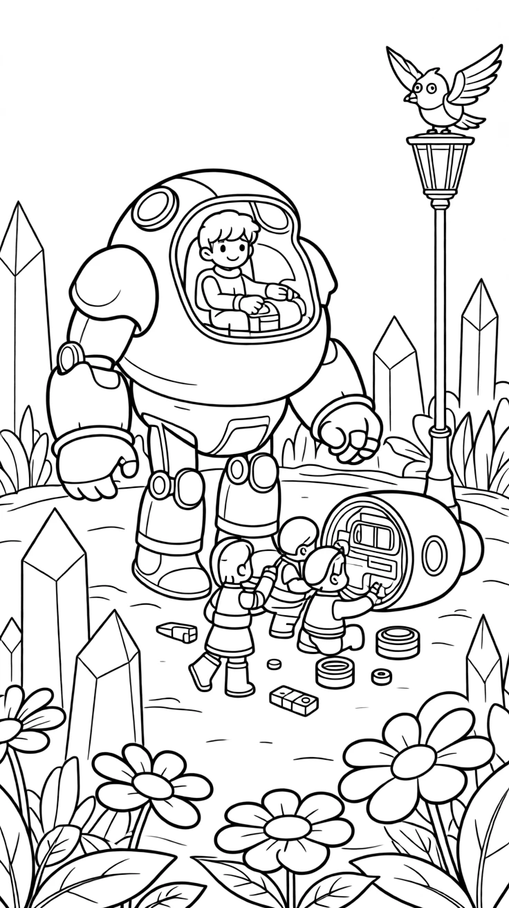 Young pilot Ember riding inside the friendly giant mech Star-Titan helping a stranded spaceship crew fix their engine with spare parts in a shimmering ice planet dotted with crystal spires, as a garden of oversized glowing flowers and a robotic bird perched on a lamp post fill the scene.