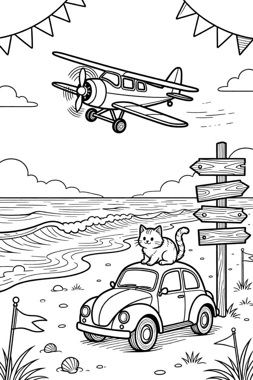 In this scene, a small propeller plane buzzing over a farm is the star of a sunny sandy beach where waves roll onto the shore, joined by a curious cat perched on the hood, with an old wooden signpost pointing to faraway towns and colorful flags fluttering from every corner scattered throughout for kids to color.