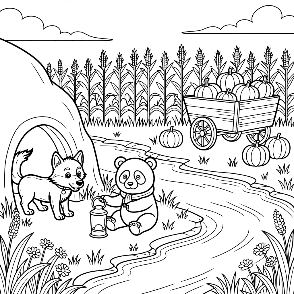 A wolf pup exploring a cave with a lantern beside a panda cub on a riverbank at dawn, near a corn field, with a wagon full of freshly picked pumpkins.