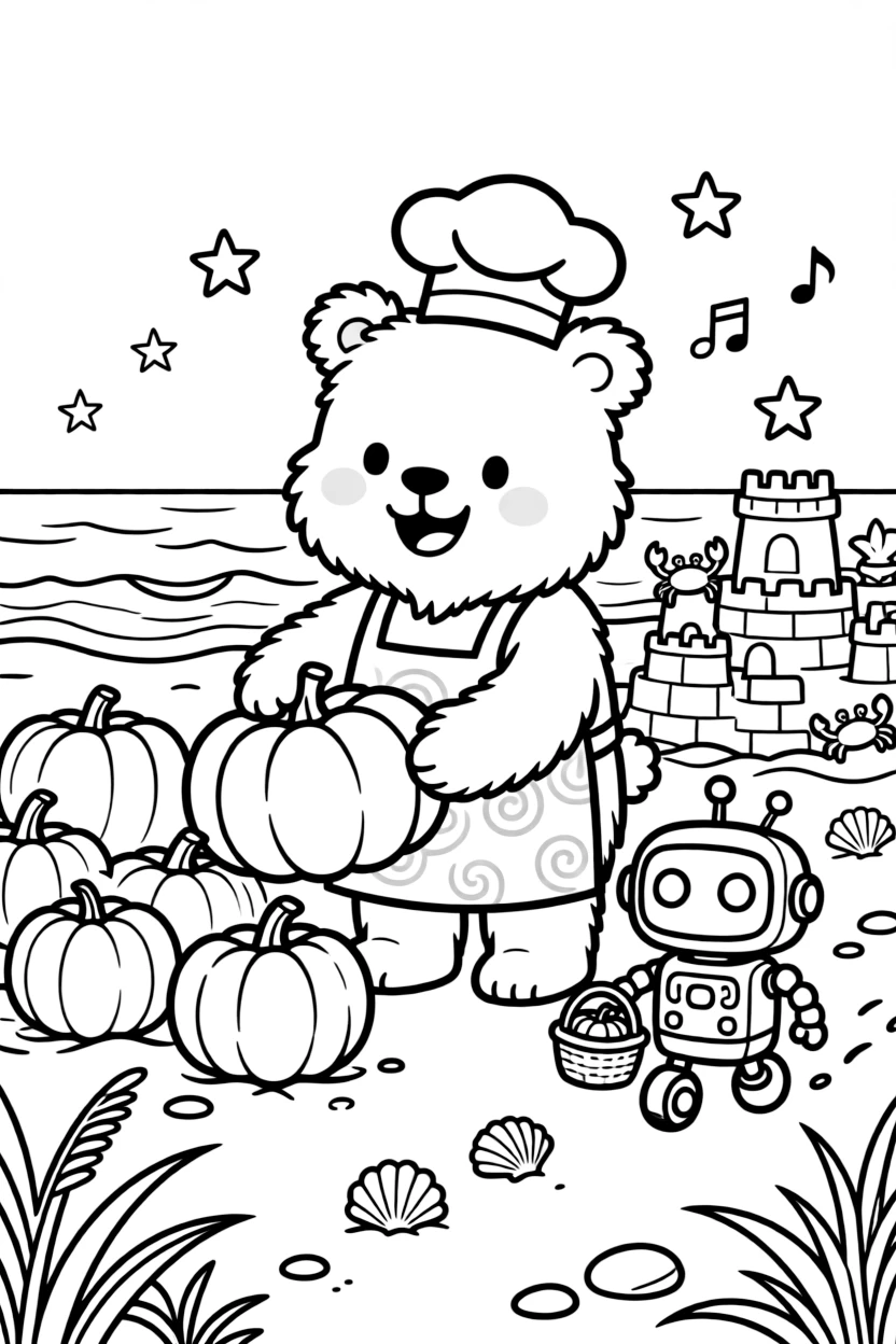 A bold bakery owner bear takes a break from adventures to try gathering pumpkins for a harvest festival float at the beach among sandcastles and seashell forts, with a tiny robot rolling along on training wheels close behind. Warm smiles and happy cheers fill the scene.