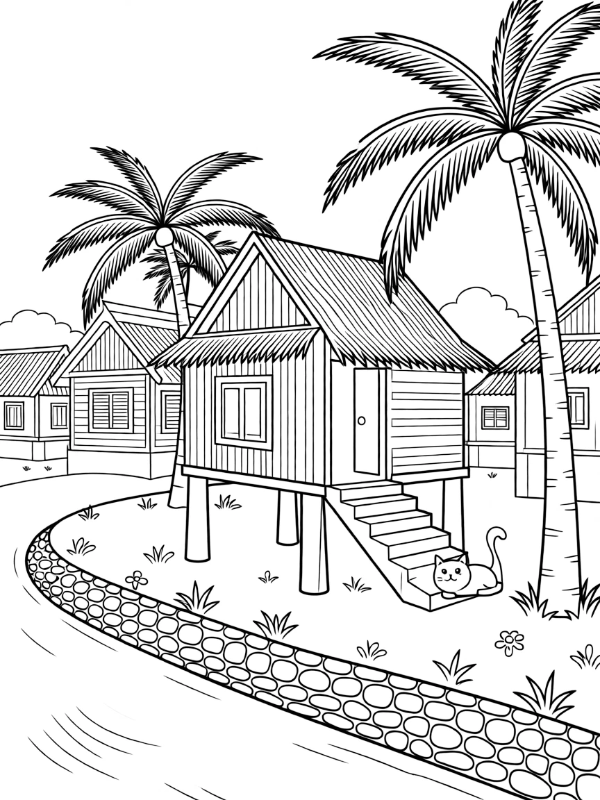 A coloring page from Cambodia showing a wooden stilt house on a riverbank with palm trees nearby, surrounded by neighboring buildings, a cobblestone path, and a friendly cat resting on a step.