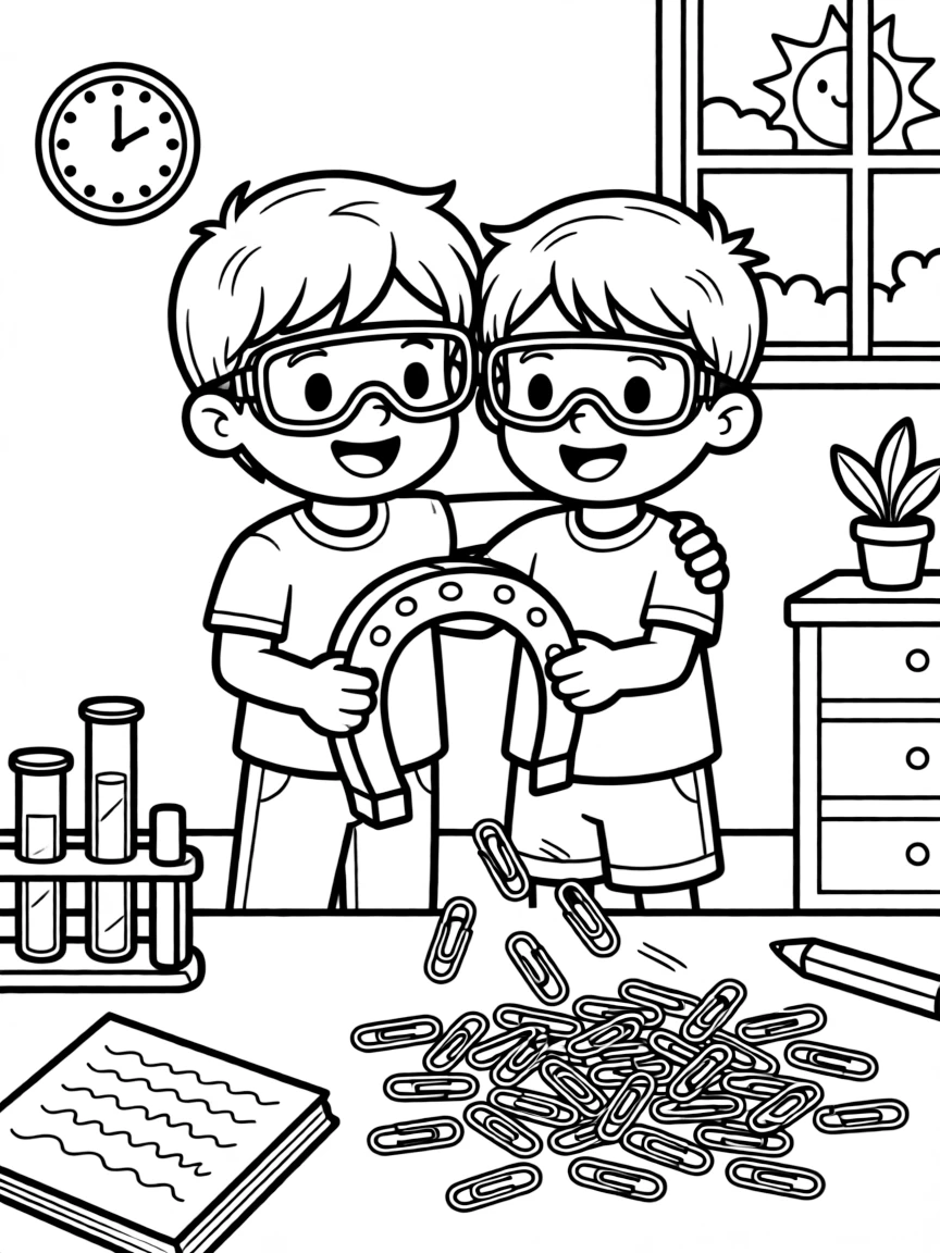 an excited pair of best friends in safety goggles holds a magnet near a pile of paper clips, watching them jump and cling together.