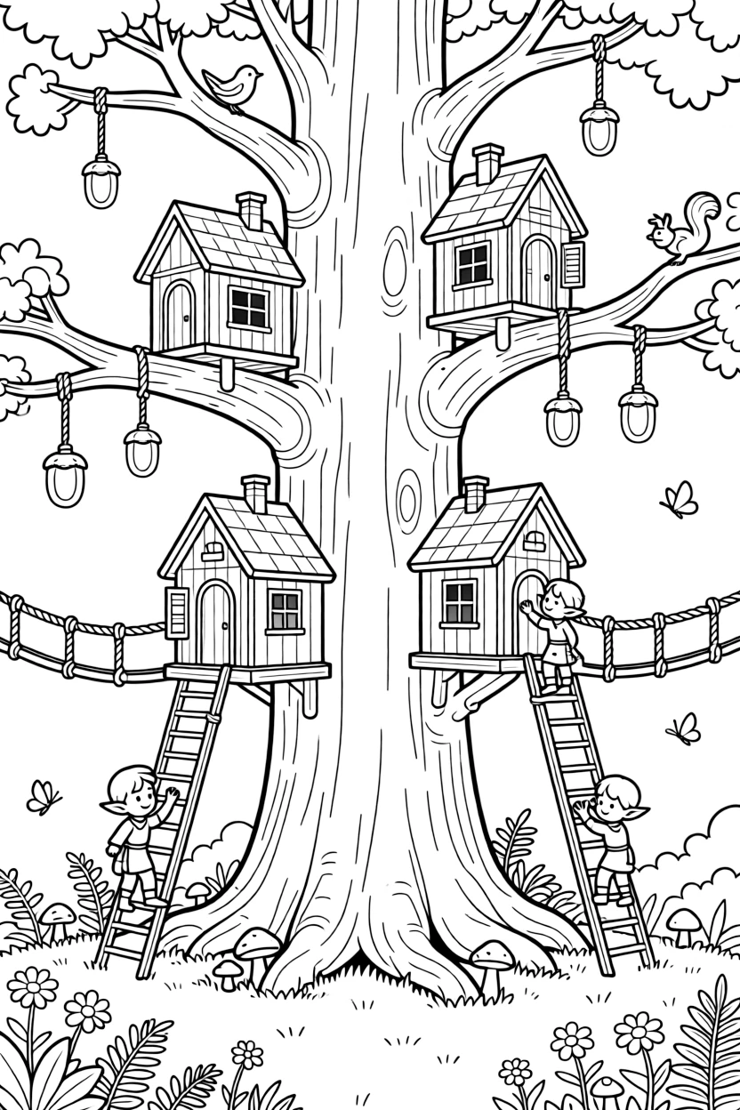A colossal treehouse kingdom spans an entire ancient forest, rope bridges and lantern-lit platforms connecting dozens of cozy elf homes.