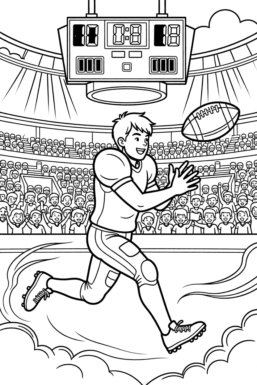 [Sports] a football running back sprinting down the field in a packed basketball arena. In the background, a scoreboard hangs in the background, adding extra fun to explore. A ball flies through the air mid-motion. It all happens during a bright summer day, with dust kicked up by the wind.