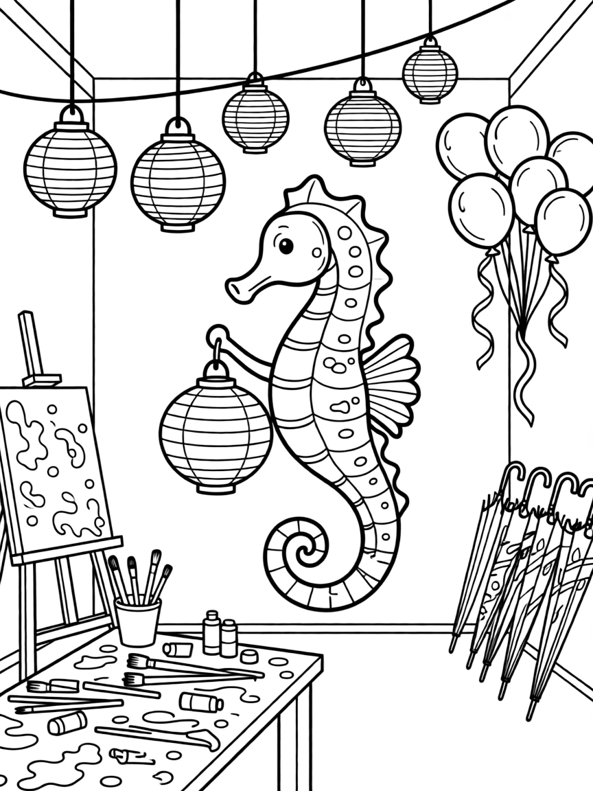 A curious seahorse is hanging paper lanterns for an evening celebration inside an art studio splattered with paint. Scattered nearby, a row of colorful umbrellas and a cluster of bouncing balloons tied with ribbon bring the scene to life.