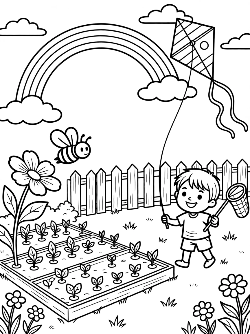Children flying kites under a bright blue sky in a sunny backyard with a freshly planted vegetable patch, with a grinning child playing close by amid a rainbow arching over the garden and a bee buzzing near a blossom.