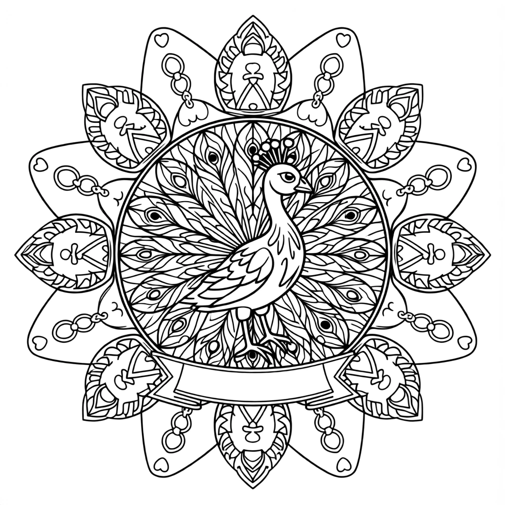 Birds: The main subject is a peacock with a fully fanned tail of feathers, drawn as the focal point of a sunburst mandala with rays spreading evenly outward. It is set at the core of the page, with the pattern unfolding outward in eight matching symmetrical segments. Decorative details fill the surrounding space, including a chain of linked heart shapes, overlapping fish-scale textures, and interlocking circle chains woven throughout the background. A playful extra touch completes the page: a little blank banner tucked into the design, ready for a name to be added.