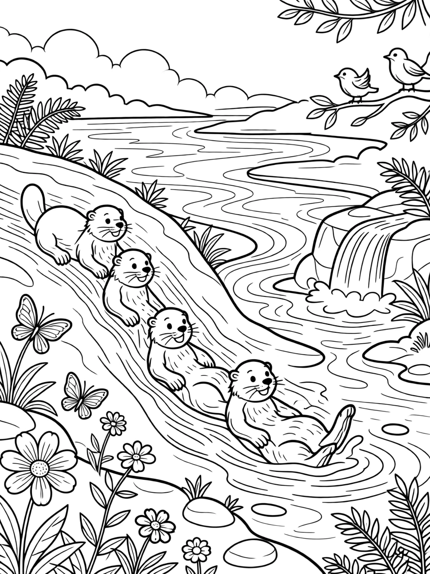 [River Adventures] A group of otters slide playfully down a muddy riverbank into the sparkling water below. Butterflies flutter along the bank where wildflowers grow between smooth river stones. The river winds past a small waterfall tumbling into a clear pool ringed with ferns. Soft morning mist rises off the river as the first birds begin to sing.