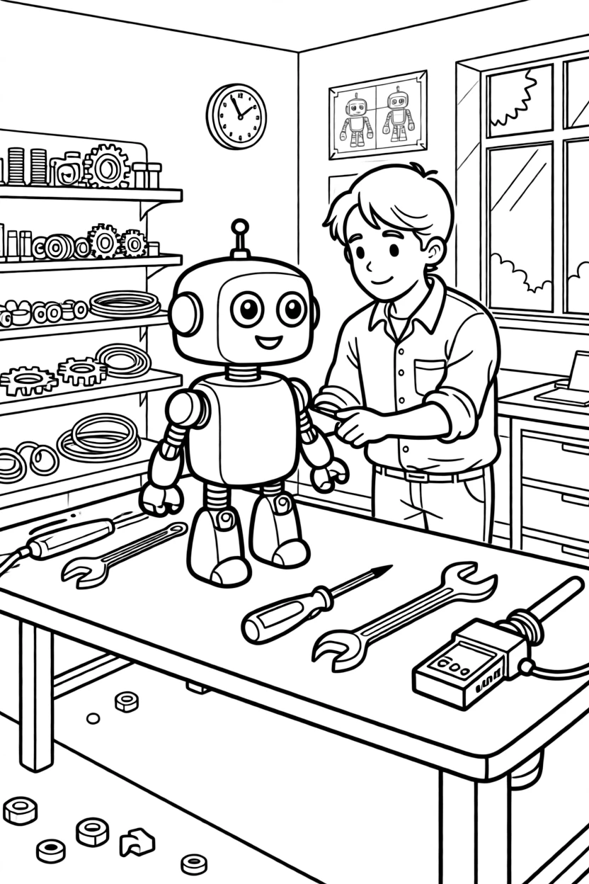 A robotics engineer assembles a friendly-looking robot in a workshop full of tools.
