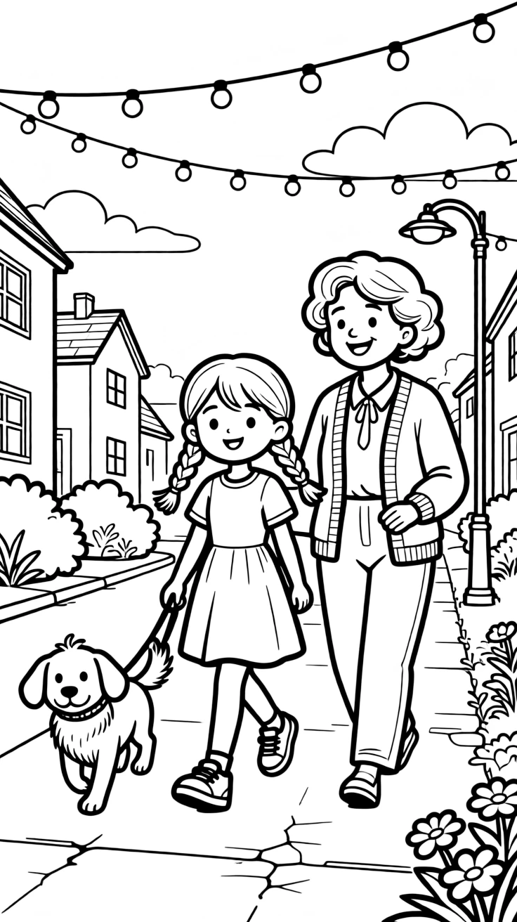 A girl with braids walking the dog around the block with a grandmother with string lights twinkling overhead.