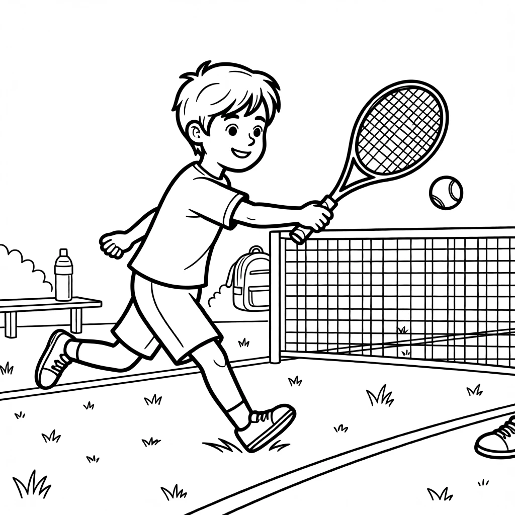 A shy new student, chasing down a drop shot near the net line with racket outstretched.