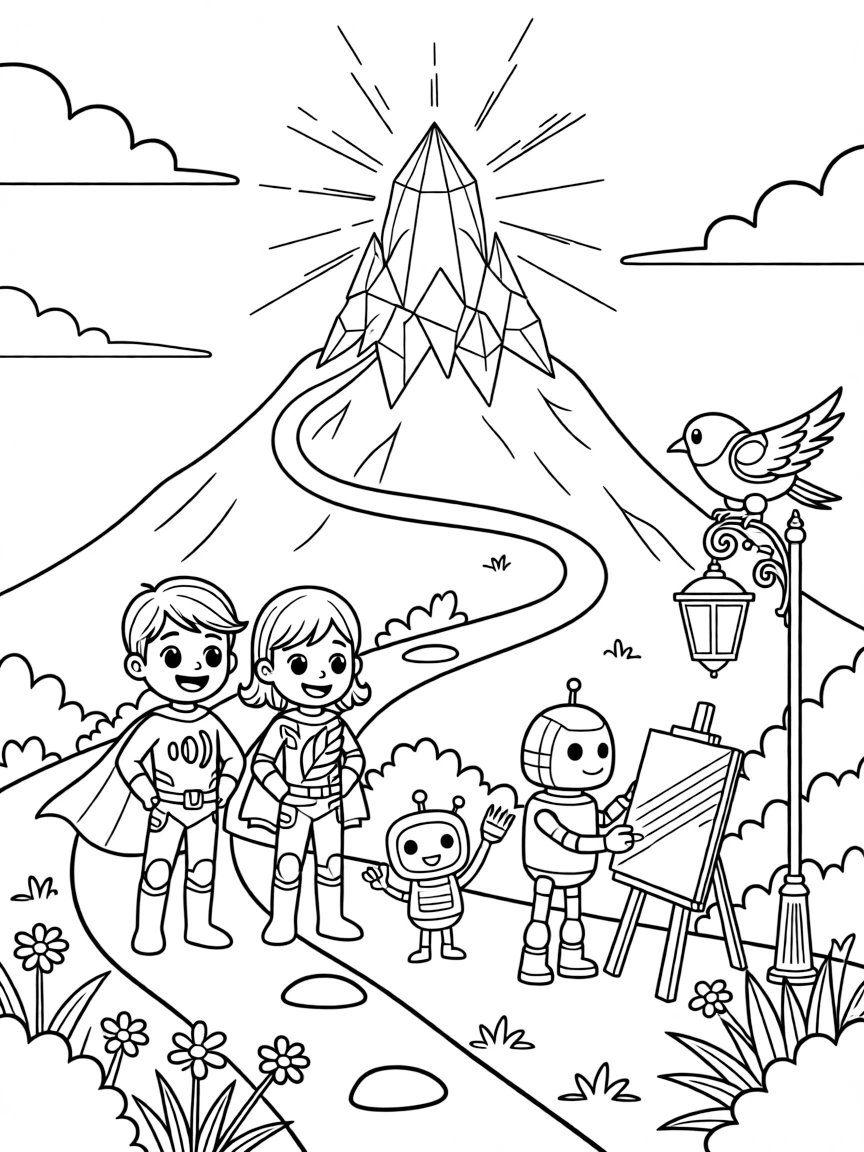 Twin superhero siblings Ruby (sound-blasting) and Stardust (plant-controlling) helping a robot learn to paint with light instead of paint, in a mountain trail winding up to a glowing crystal peak, with a robotic bird perched on a lamp post and a small robot sidekick cheering nearby.