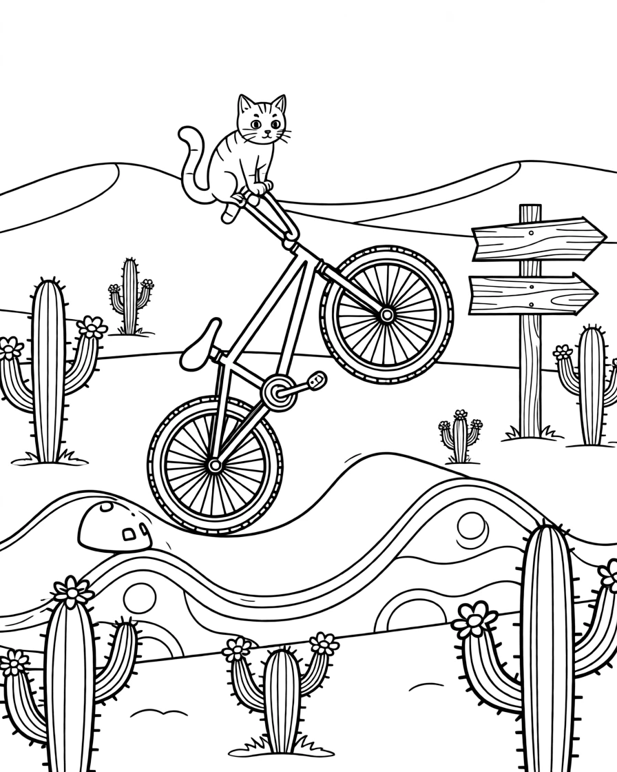 This coloring page shows a BMX bike popping a wheelie over a dirt ramp making its way across a golden desert dotted with cacti and distant sand dunes, accompanied by a curious cat perched on the hood, while an old wooden signpost pointing to faraway towns adds extra charm to the scene.