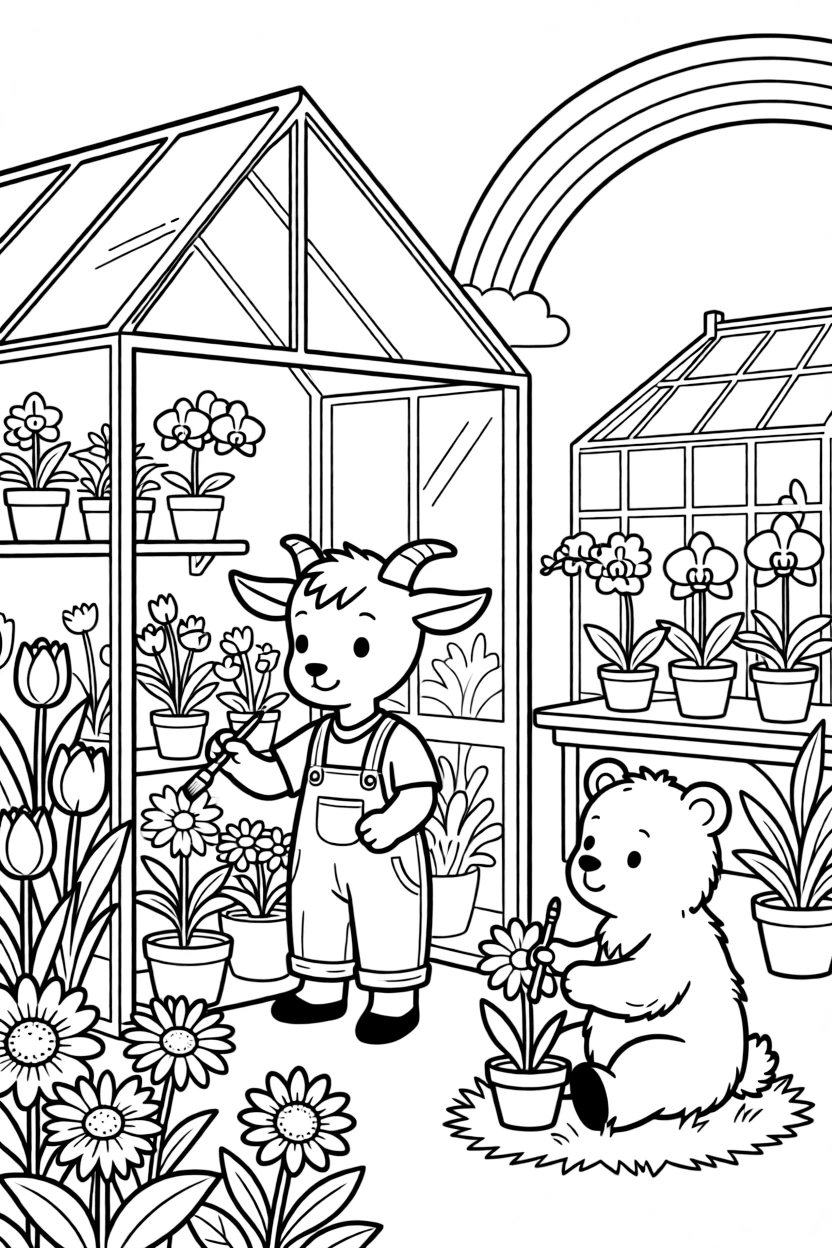 A goat kid in a greenhouse full of blooms, painting flowers with a polar bear cub, next to a orchid greenhouse, while a rainbow arches overhead.