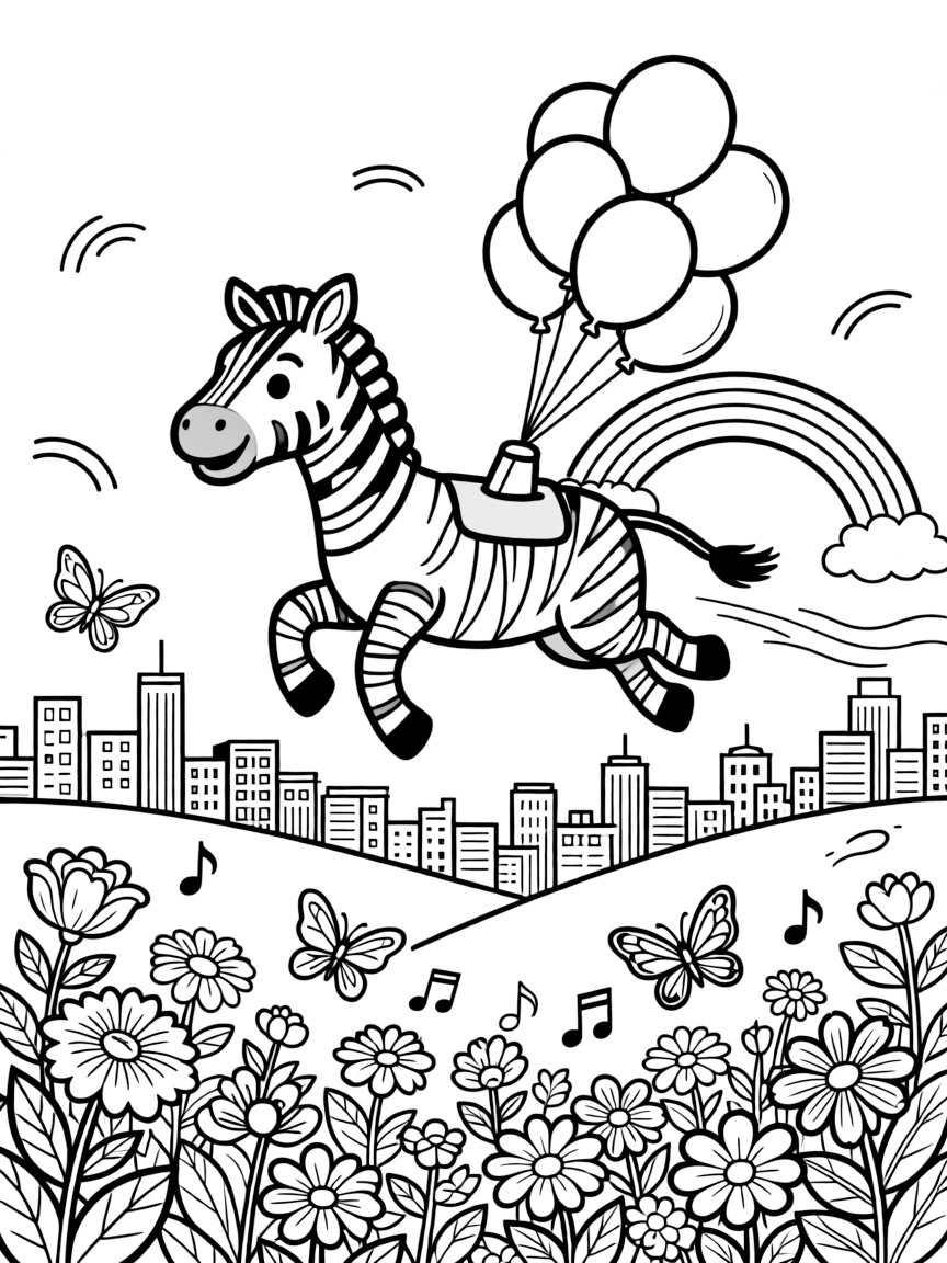 A speedy zebra artist takes a break from adventures to try flying over the city in a jetpack made of balloons in a garden where the flowers hum little tunes, with a rainbow of butterflies fluttering by close behind. Giggles echo happily through the whole valley.
